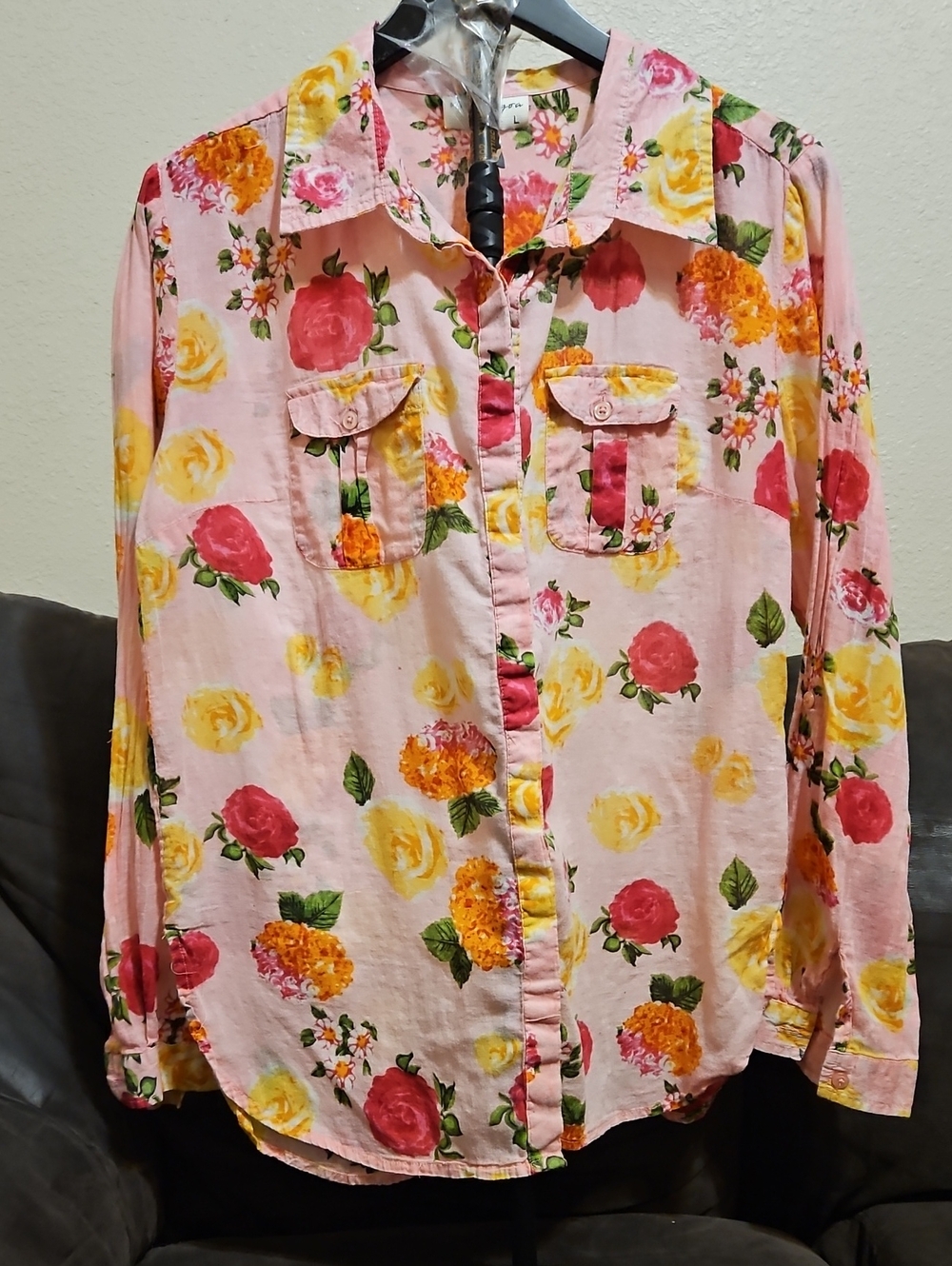 Women's Pink Floral Button-Down Shirt with Bright Rose Print